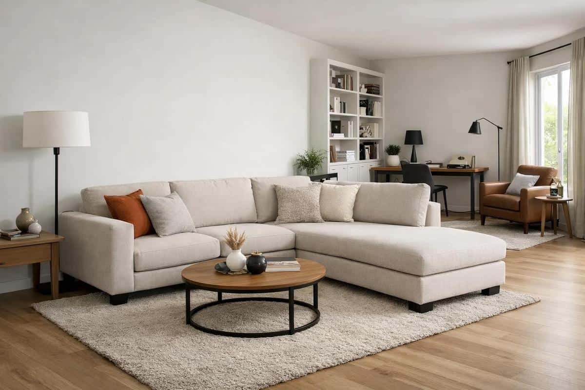 Canapé d'angle configuration rupture visuelle salon rectangulaire longueur aménagement espacé