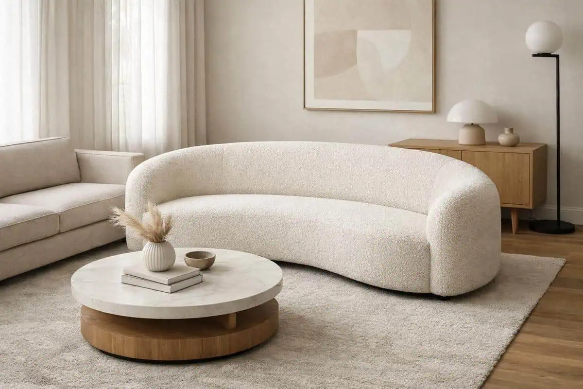 canapé arrondi courbe salon carré formes organiques tissu bouclé