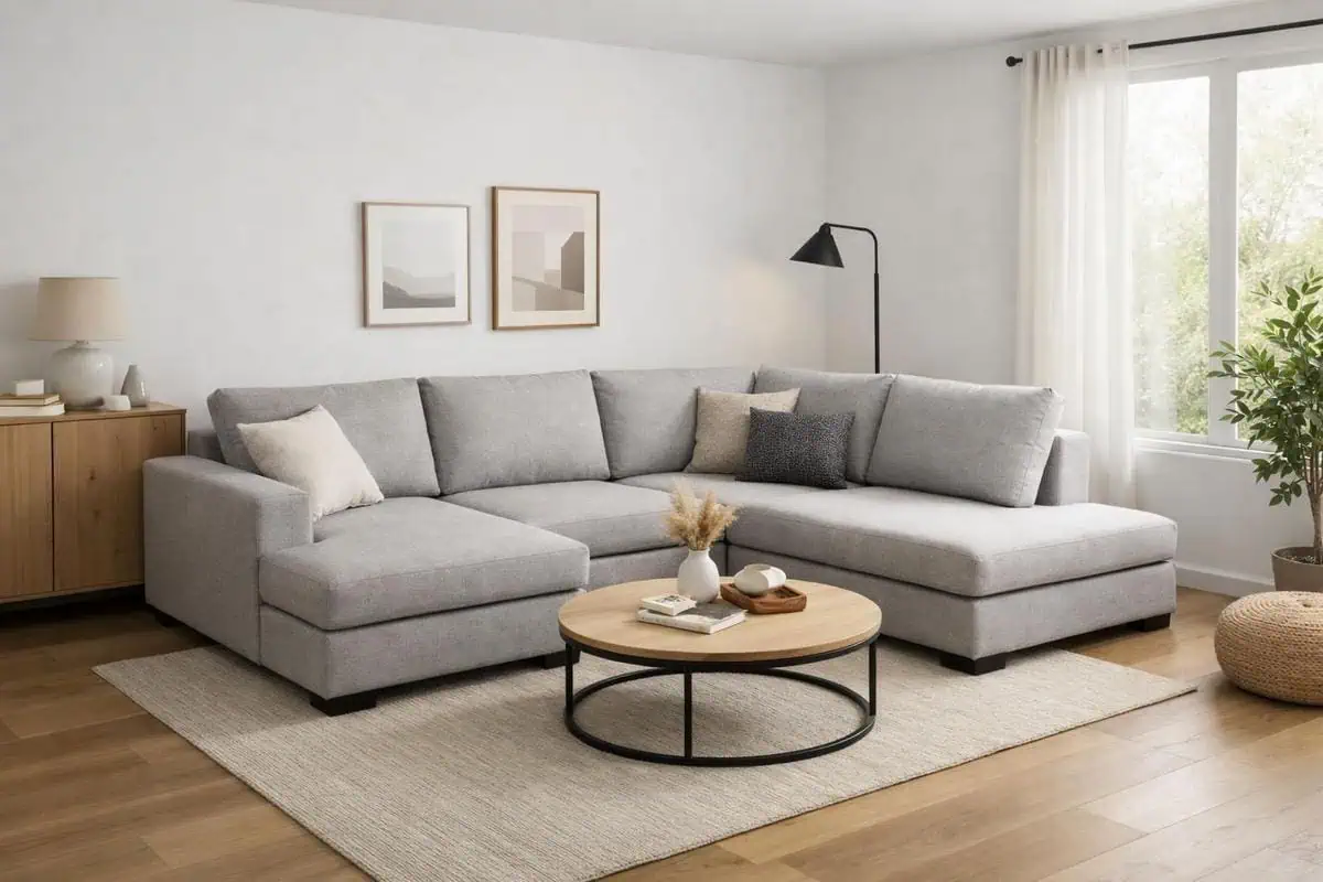 Canapé en L configuration optimale pour aménager salon rectangulaire 25m² sans surcharge