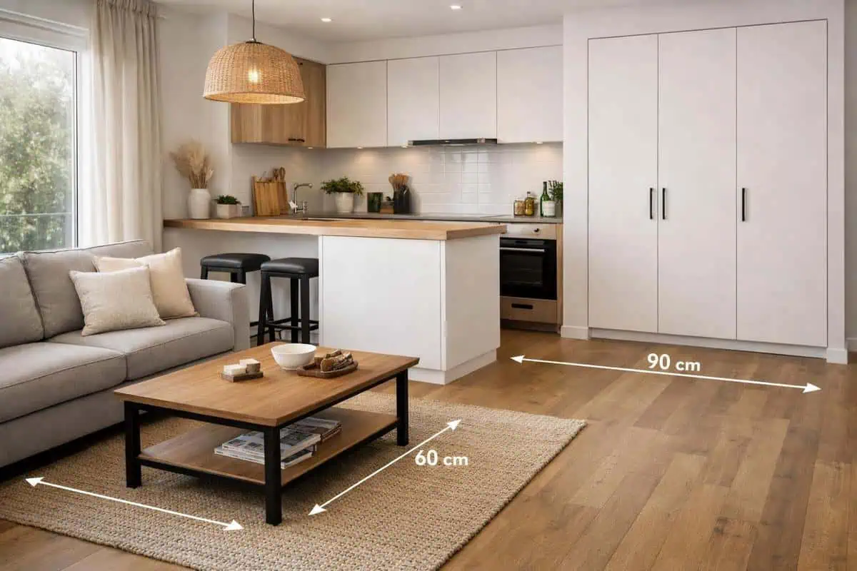 circulation ergonomie distances passage minimum 90 cm 80 cm meubles salon 25m2 flux praticabilité