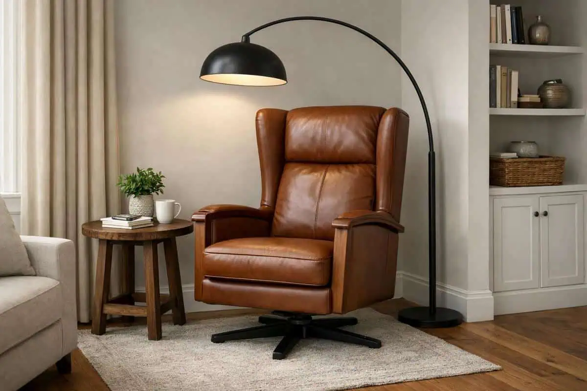 Coin lecture salon carré fauteuil lampe arc eclairage fonctionnel