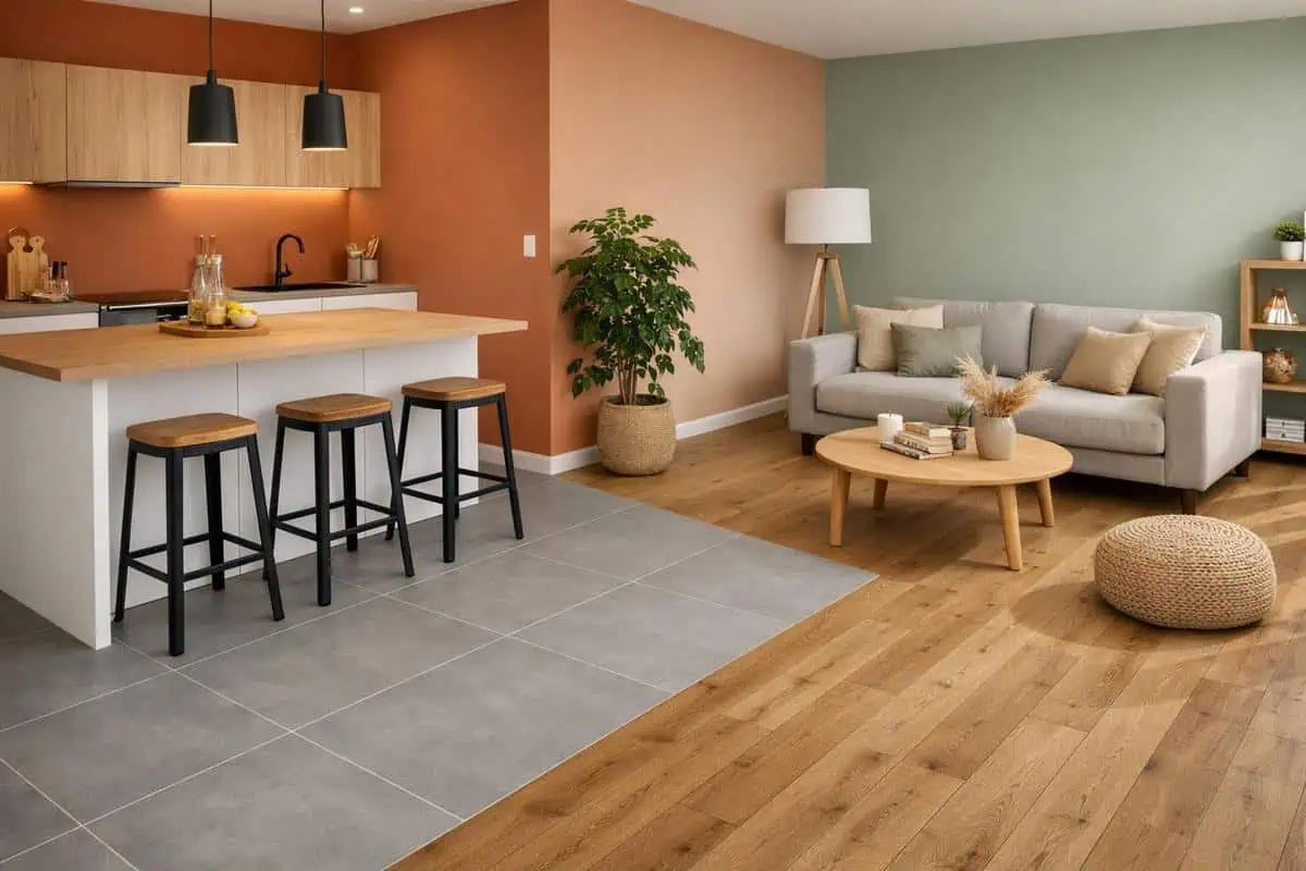 contraste couleur matériau parquet carrelage séparation visuelle salon cuisine ouverte délimitation