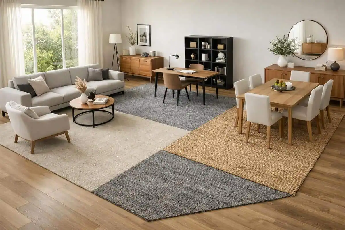 Division par tapis salon carré zones fonctionnelles dimensionnement