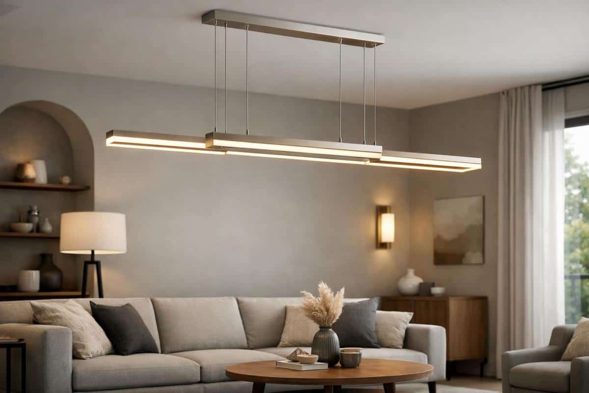 Eclairage luminaires suspension salon rectangulaire longueur zones ambiance lumineuse aérienne