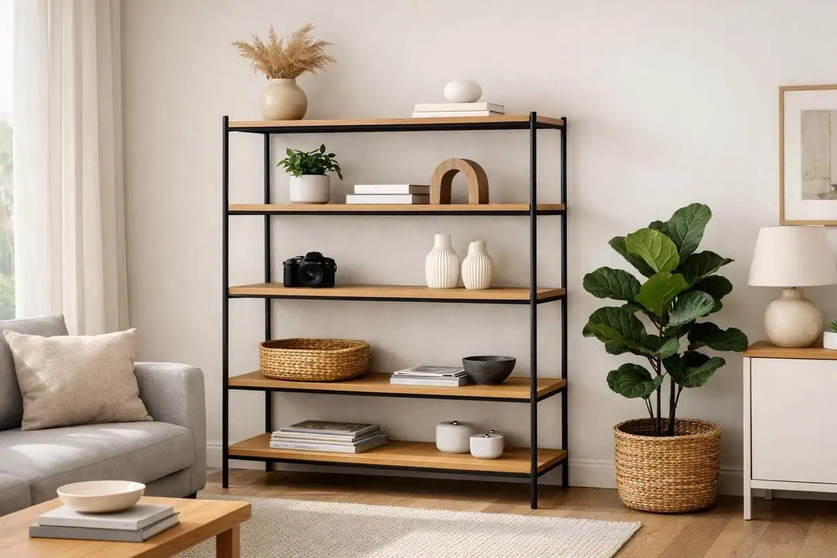 Étagères bois-métal pour un rangement léger et design dans un salon carré