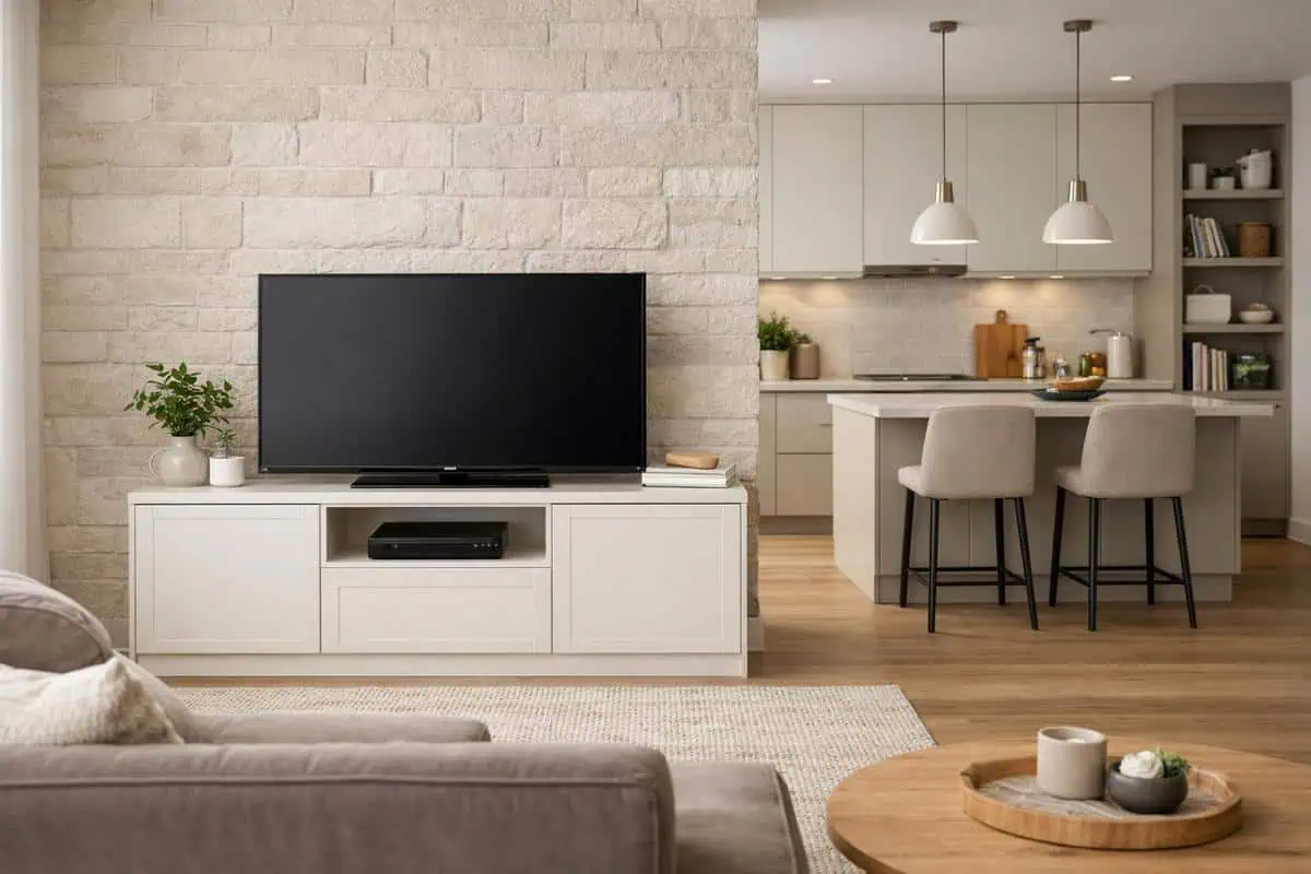 Façade cuisine laquée mate blanc cassé greige IKEA METOD AXSTAD harmonie couleurs salon cuisine ouverte