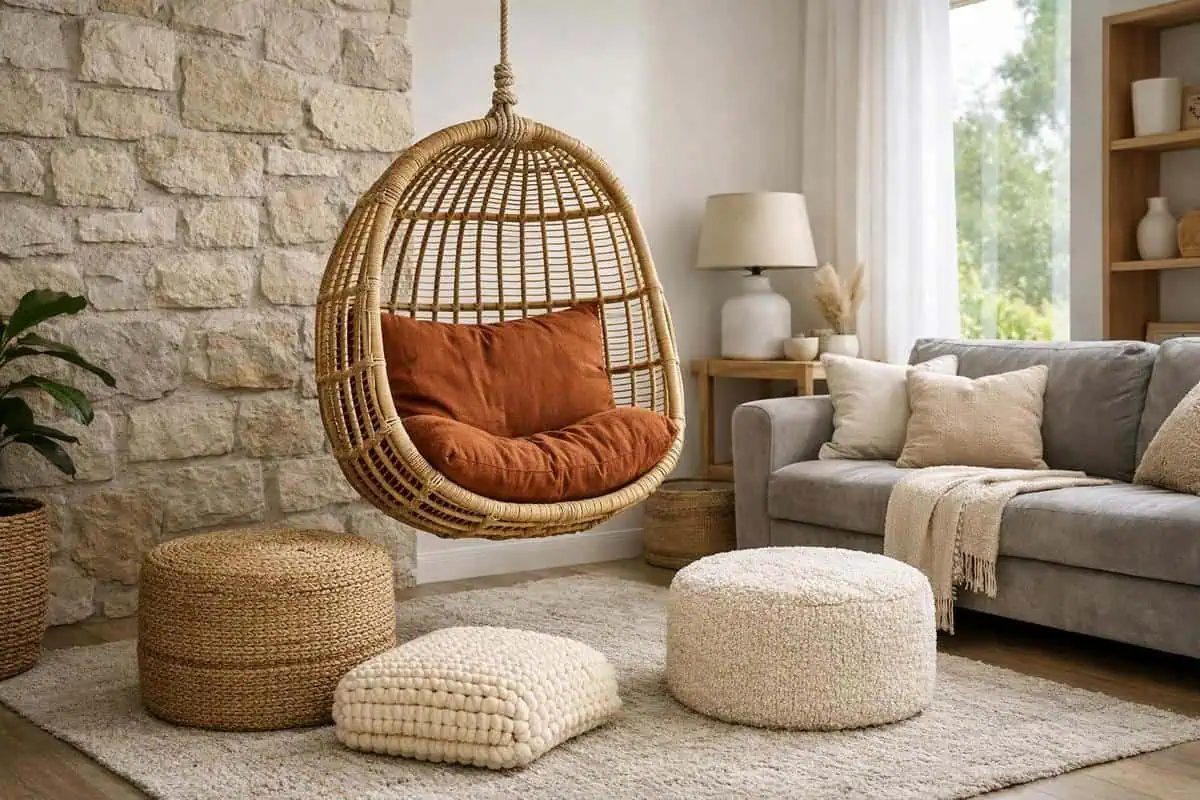 Fauteuil suspendu en rotin naturel avec coussin lin lavé, associé à pouf cylindrique en jute tressée, mobilier bohème scandinave texturé