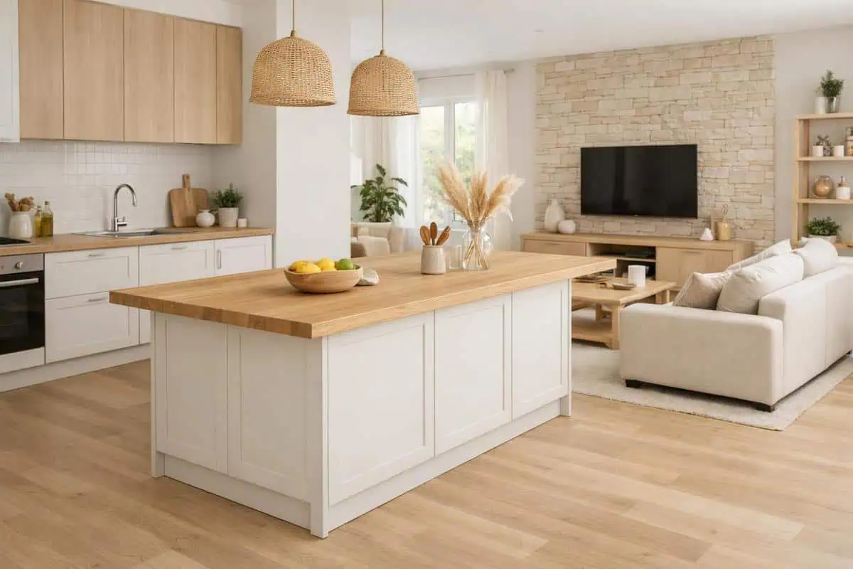 Îlot central en chêne blanc massif créant liaison visuelle entre cuisine ouverte et salon