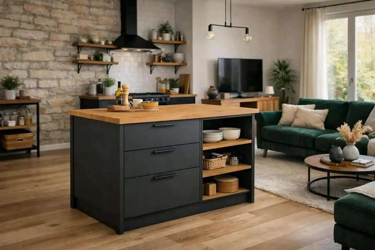 Îlot central avec rangements intégrés, façade lisse anthracite et tiroirs profonds pour mobilier cuisine ouverte
