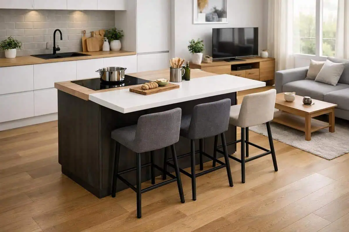 îlot cuisine salon 25m2 espace repas intégré circulation 90 cm dégagement