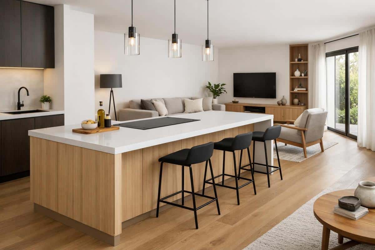 Îlot de cuisine comme séparation douce avec plan de travail intégré dans salon ouvert 40m2