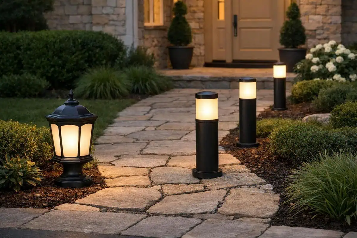 Lanternes et bornes éclairantes pour baliser entrée maison avec eclairage led temperature couleur