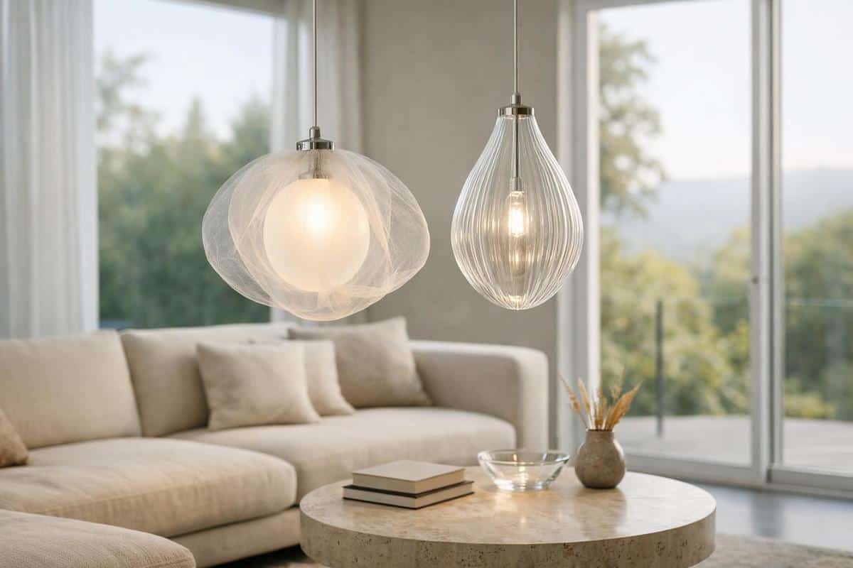 Luminaires en verre et matières aériennes qui allègent visuellement la pièce et créent une profondeur atmosphérique
