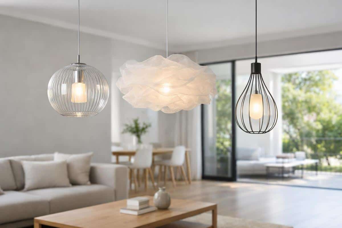 Luminaires en verre et matières aériennes qui allègent visuellement la pièce et créent une profondeur atmosphérique