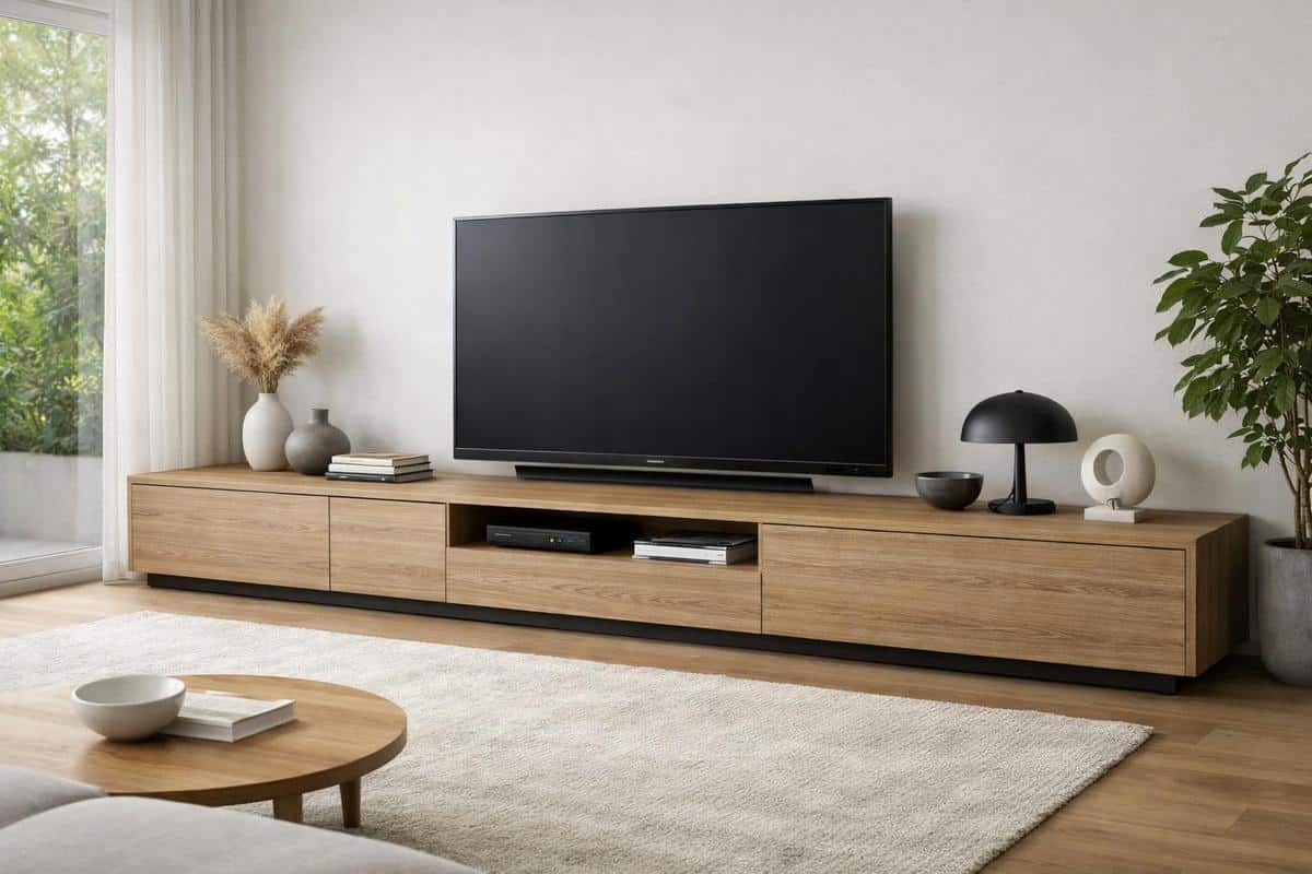 Meuble TV bas finition horizontale élargir salon rectangulaire longueur perception visuelle