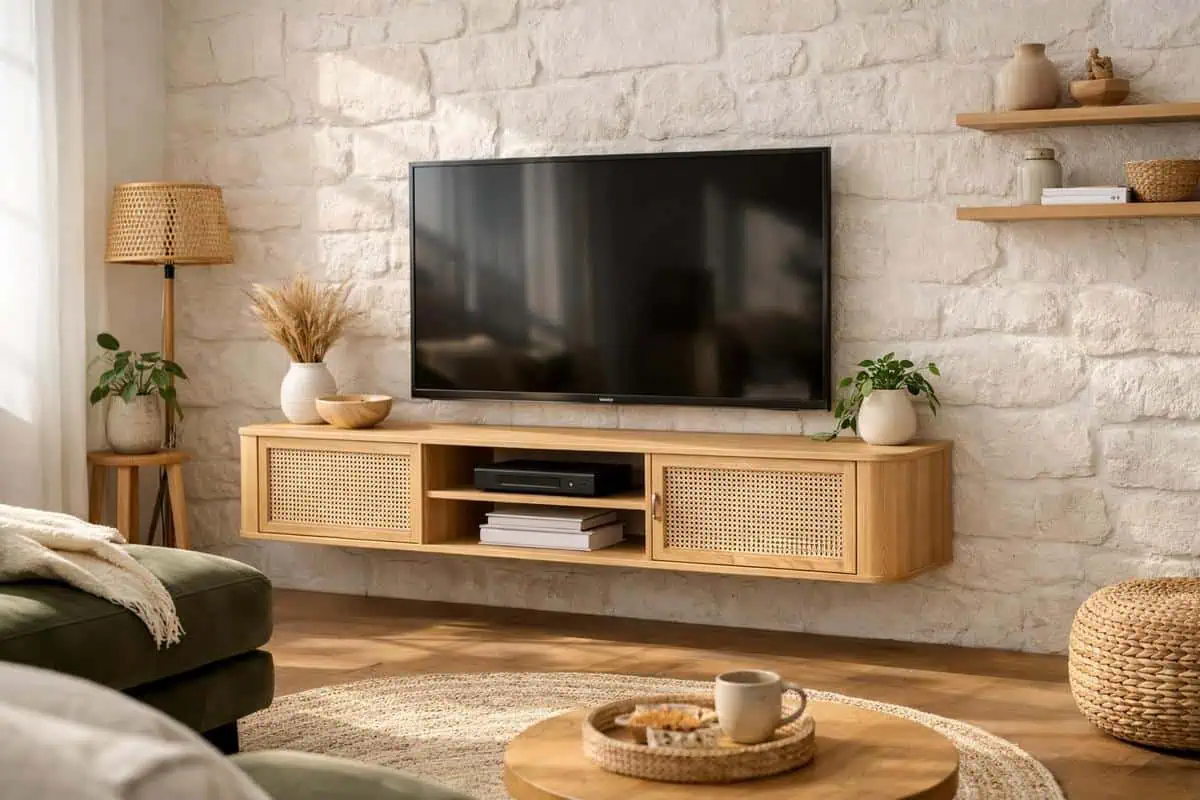 Meuble TV bas avec façade à cannage en rotin naturel, finition bois clair mat, mobilier scandinave bohème minimaliste