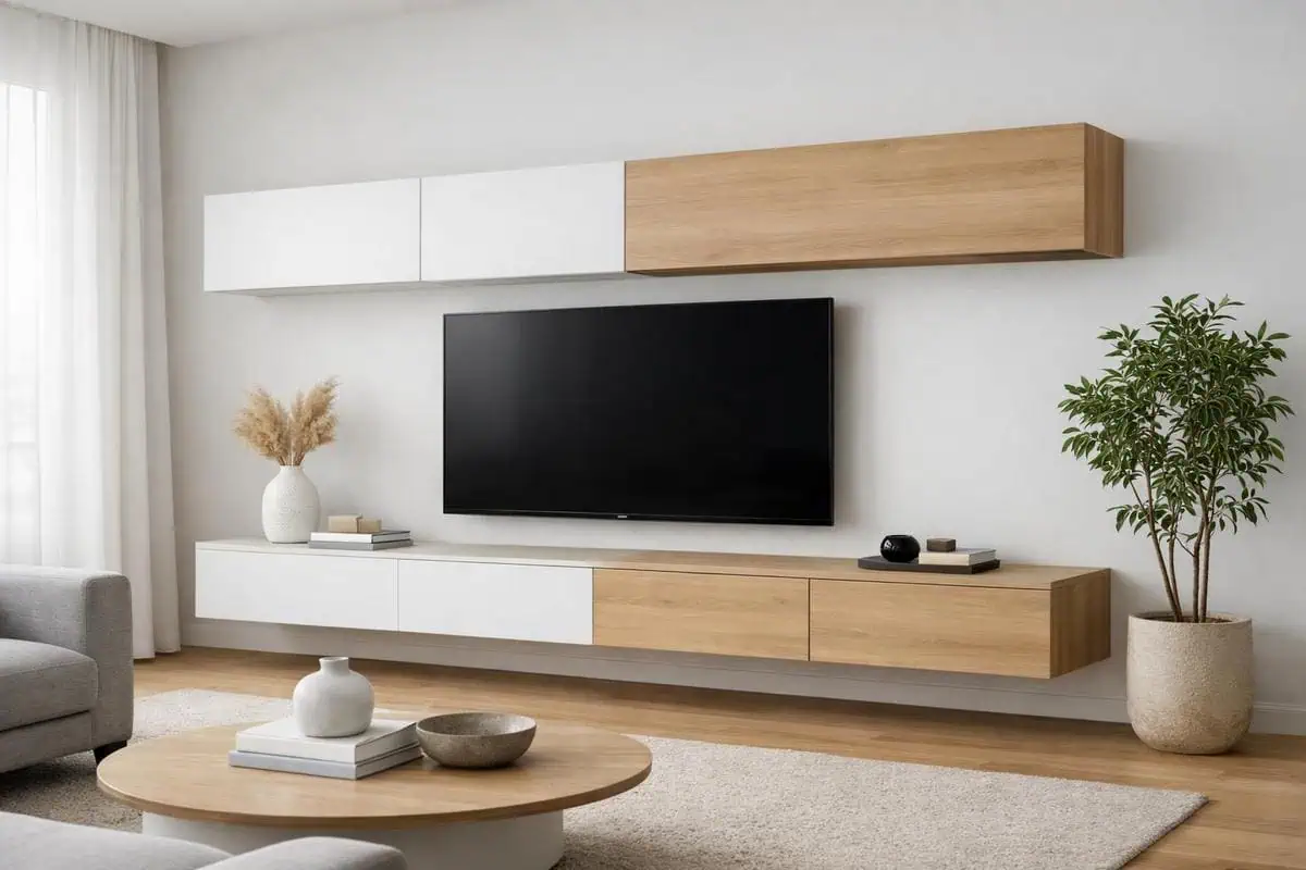 Meubles bas et meuble TV suspendu pour élargir visuellement le salon rectangulaire et maintenir une sensation d'espace aéré