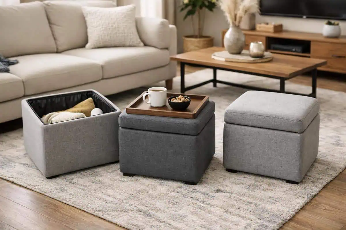 Meubles multifonction banc coffre pouf rangement salon 25m2 optimisation espace