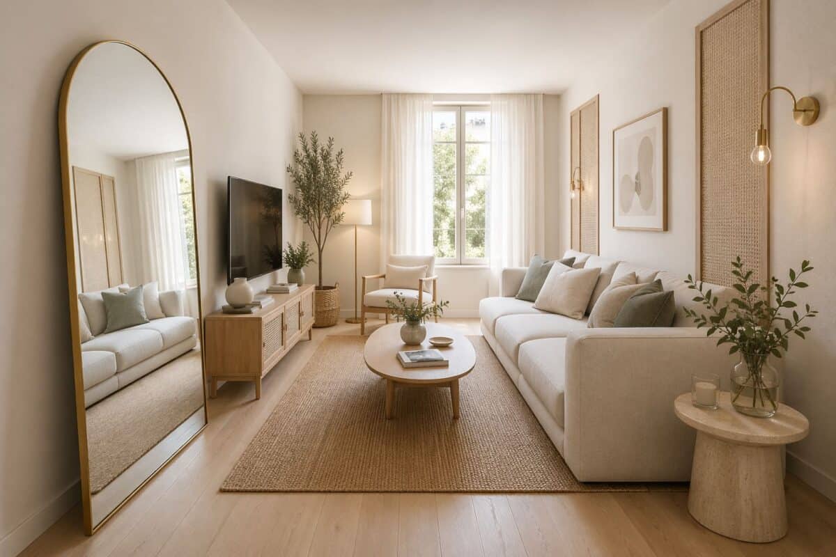 Miroir arche pied laiton brossé salon rectangulaire murs lateraux clairs Maisons du Monde - palette lumineuse decoration