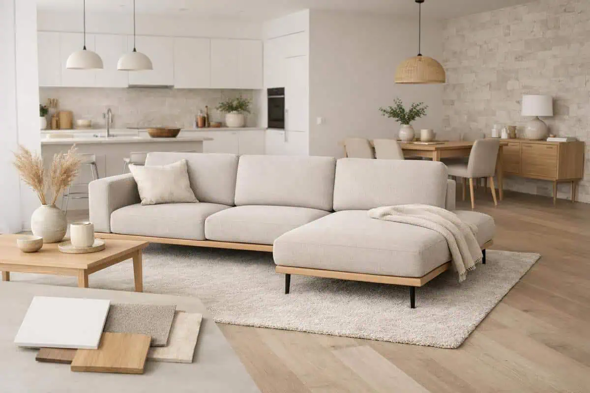 Palette unifiée beige greige blanc mat pour salon cuisine ouverte 40m2 avec teintes neutres lumineuses harmonieuses
