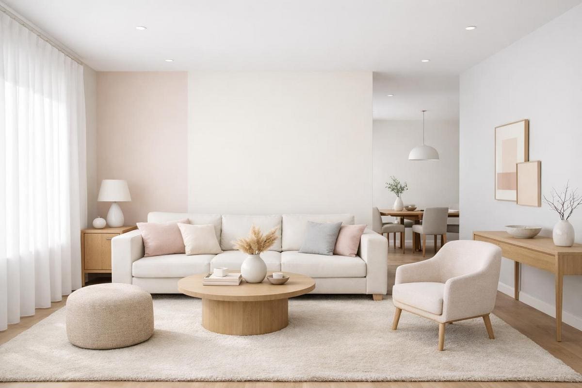 Peinture couleurs claires beige rose gris pastels poudrés pour salon rectangulaire agrandissement visuel