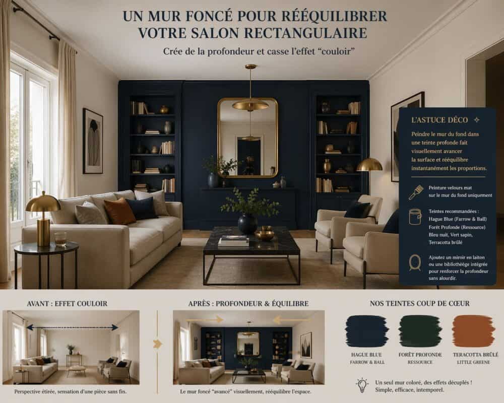 Peinture velours mat bleu nuit pour mur fond sombre salon rectangulaire