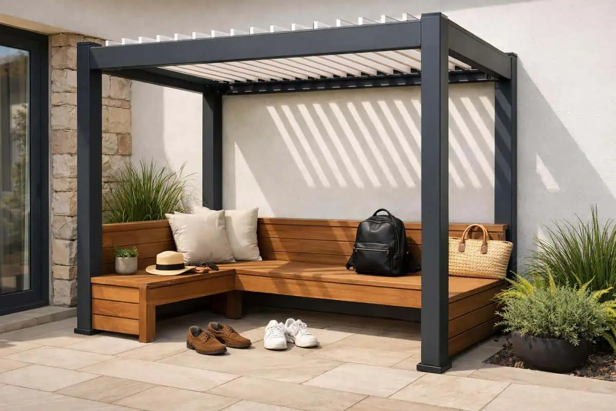 Pergola bioclimatique avec banc bois pour aménagement coin détente et terrasse accueillante