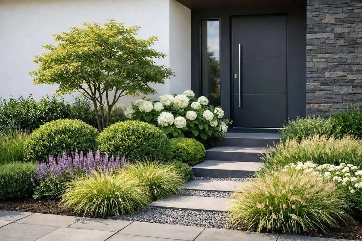 Perspectives profondeur visuelle gradation hauteurs vegetales amenagement entree facade