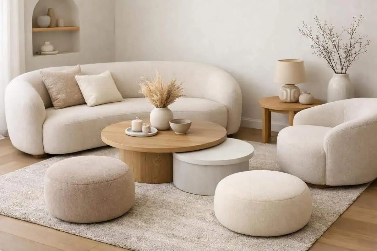 petit salon cosy meubles arrondis poufs ronds decoration formes douces