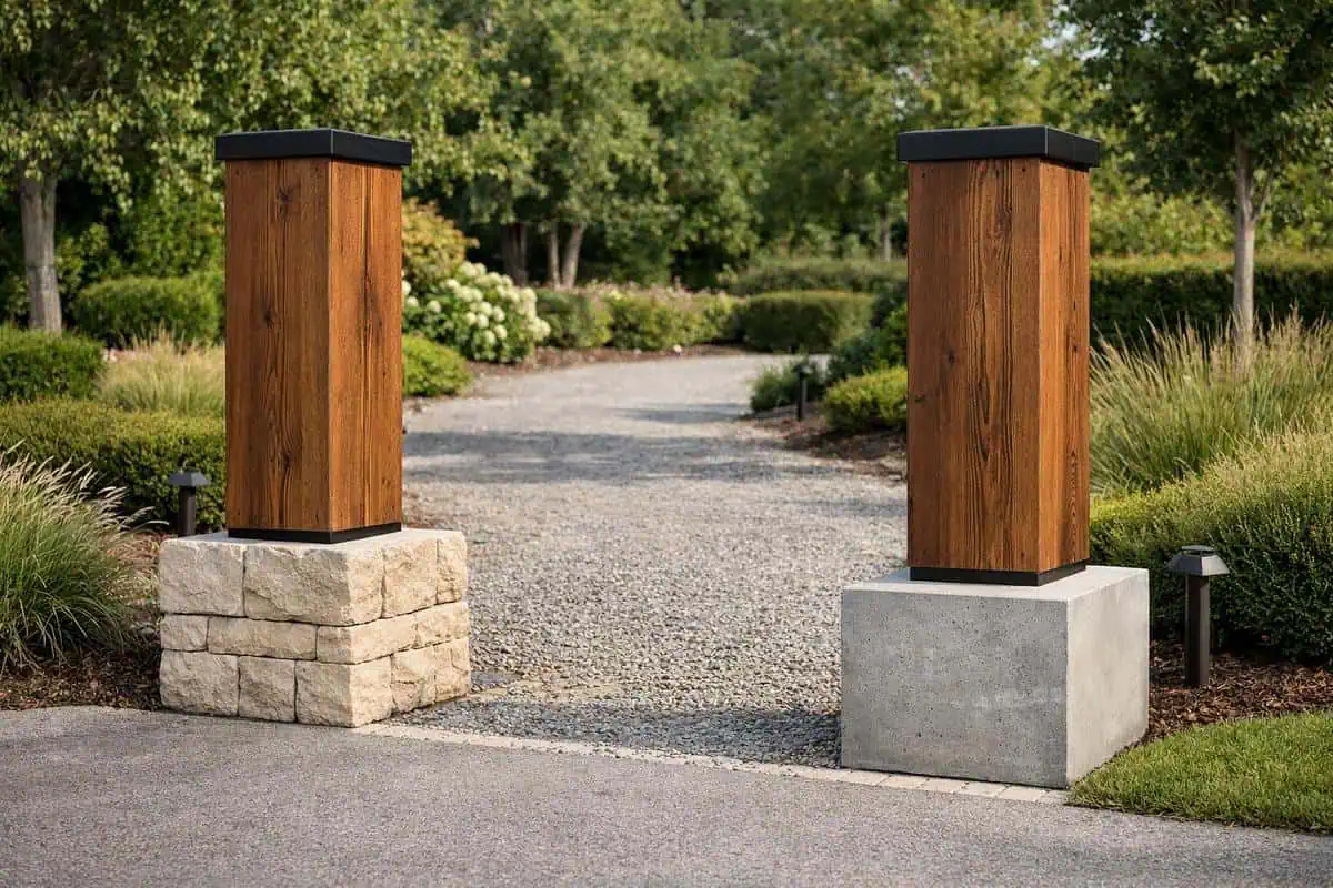 piliers décoratifs en bois et pierre structurant l'accès entrée aménagement paysager