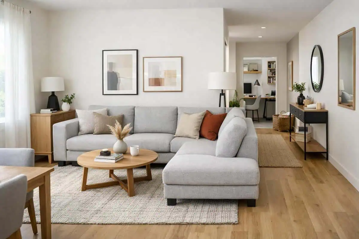 Placement stratégique du canapé pour délimiter l'espace dans un salon rectangulaire de 25m² avec création de zones