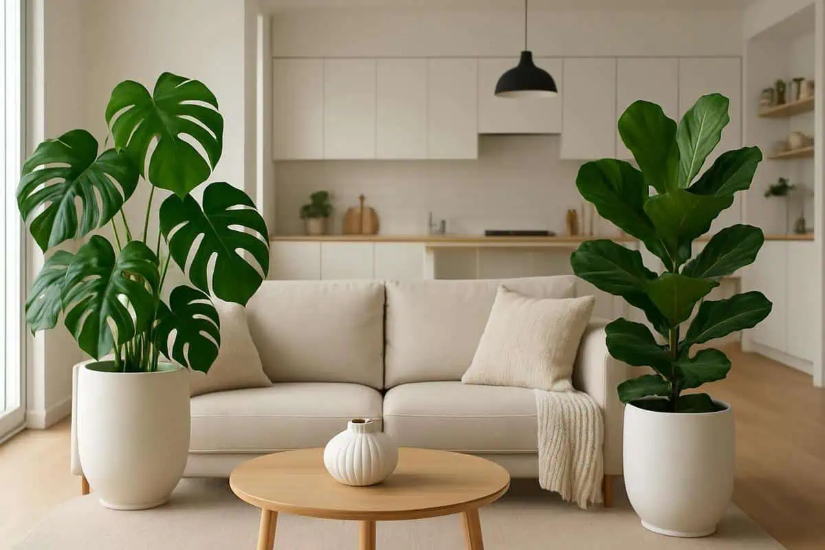 Plantes vertes grandes feuilles Monstera Ficus en pot de céramique blanche pour décoration salon cuisine ouverte 40m2