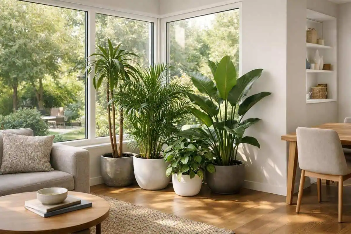 Plantes vertes salon carré angle fenêtre transition fluidité zones fonctionnelles
