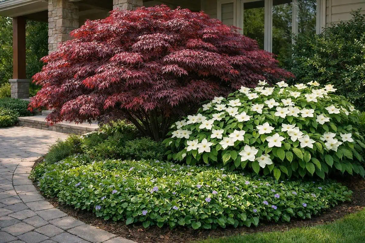 point focal massif angle entree acer palmatum bloodgood arbustes compacts cornus kousa couvre-sol