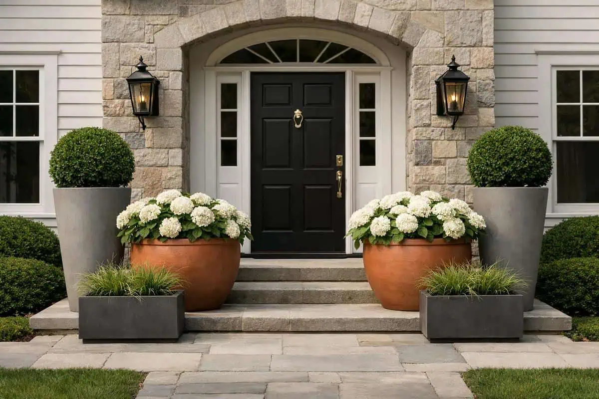 Pots design et jardinières pour aménagement paysager devant maison avec contenants en béton fibré et terre cuite