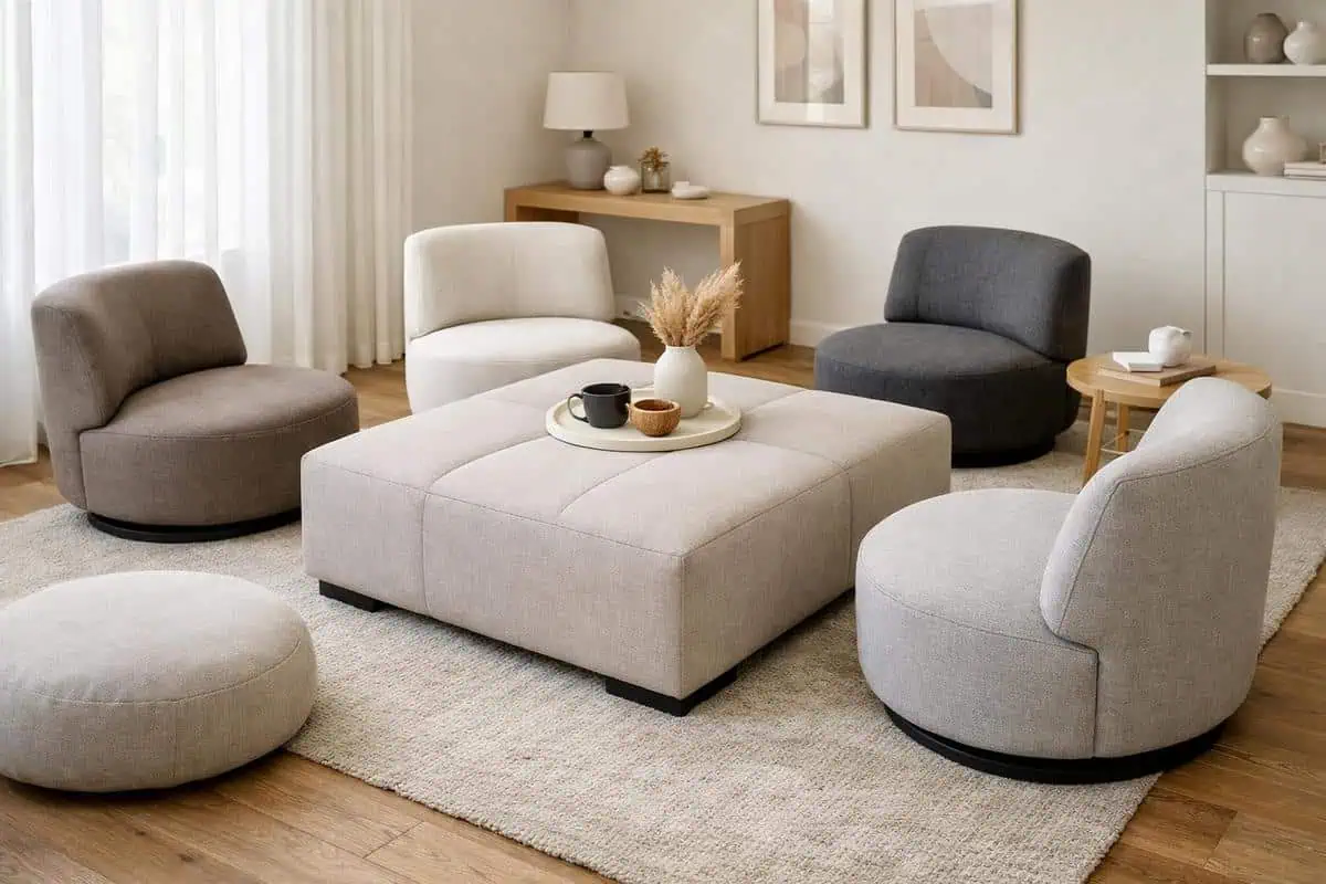 Composition flexible avec poufs, fauteuils modulables et table basse petite taille pour salon carré
