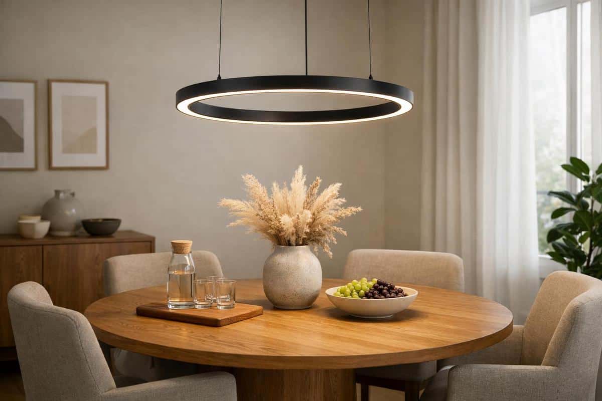 Suspension au-dessus du coin repas avec hauteur optimale de 70-80 cm pour créer une ambiance chaleureuse