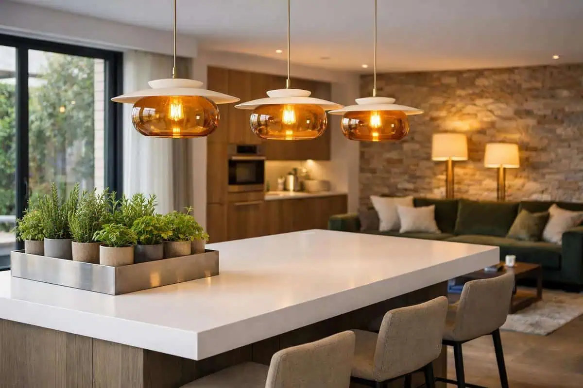 Suspension ambérée DROP HAT et plateau Corian blanc pour continuité visuelle cuisine ouverte salon
