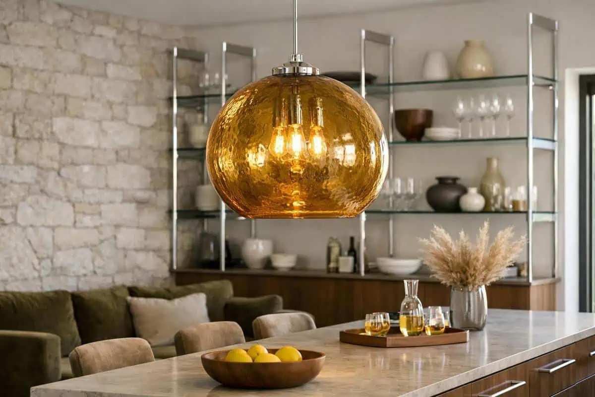 Suspension verre soufflé ambré Bloomingville Broste Copenhagen éclairage verre métal réfléchissant salon
