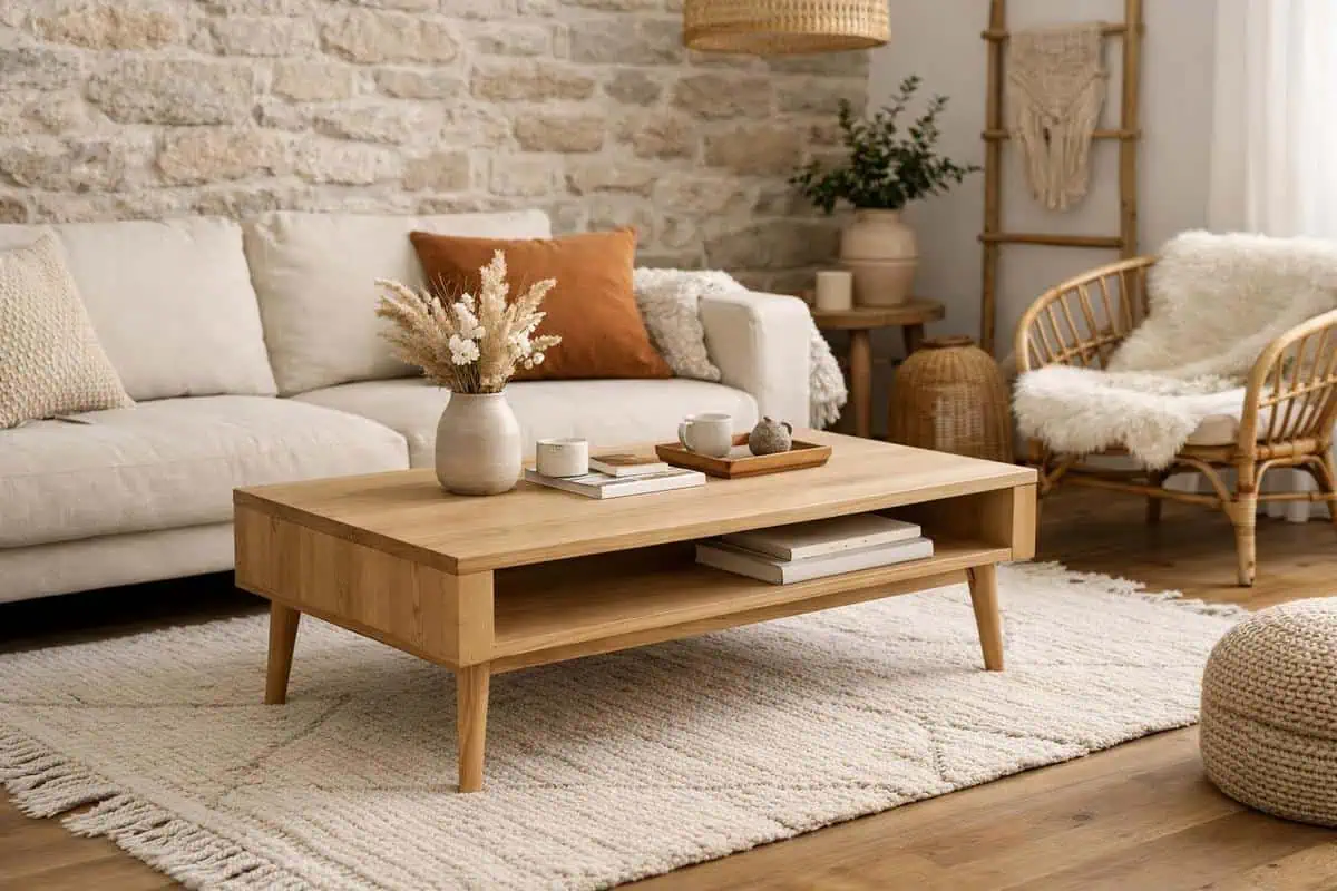 Table basse rectangulaire en chêne massif aux pieds effilés, style scandinave bohème avec lignes épurées et bois clair naturel