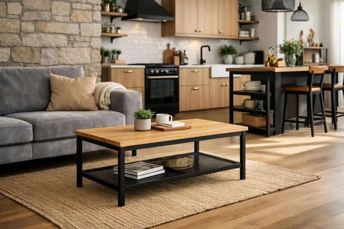 Table basse chêne massif pieds métal noir Fjällbo IKEA matériaux cohérents bois clair salon cuisine