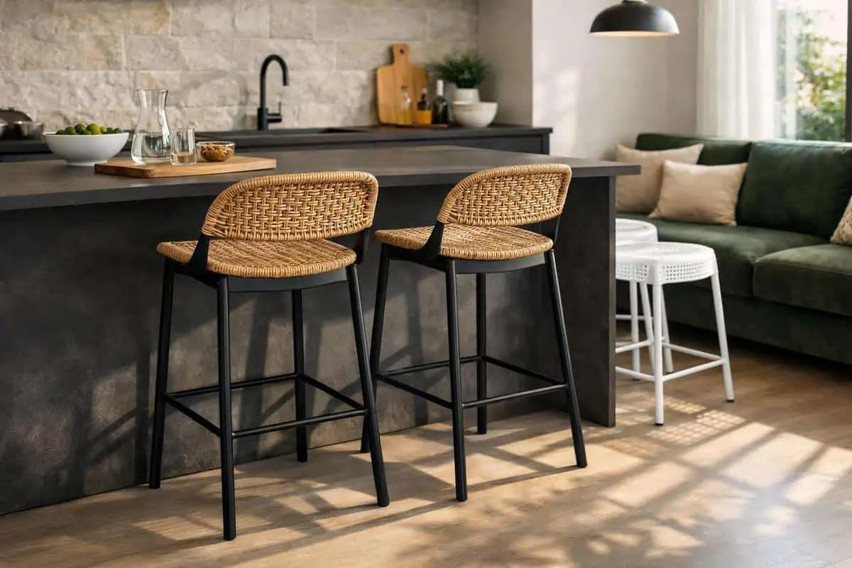 Tabourets de bar design avec dossier rotin et plan snack pour espace repas polyvalent cuisine ouverte