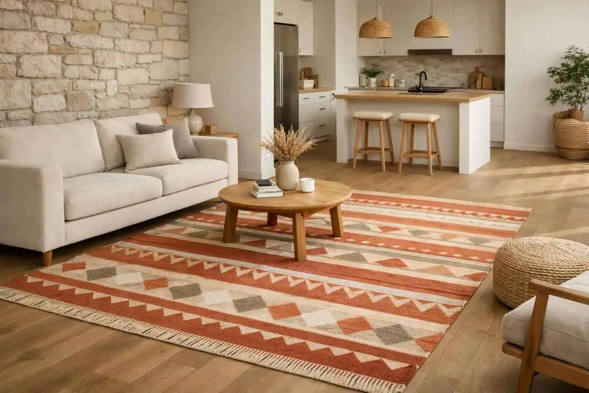 Tapis kilim 160x230 cm sable terracotta pour délimiter zones salon cuisine ouverte contrastes doux