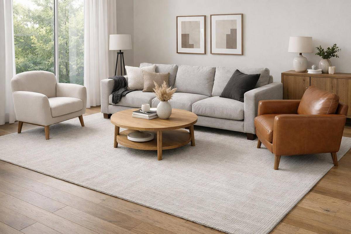 tapis XXL délimitation zone salon canapé fauteuils périmètre clair