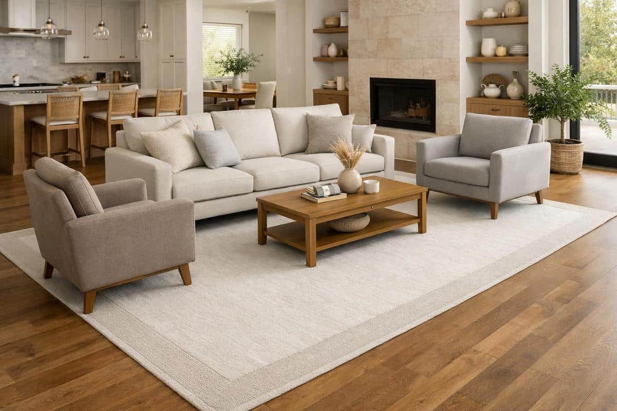 tapis XXL délimitation zone salon canapé fauteuils périmètre clair