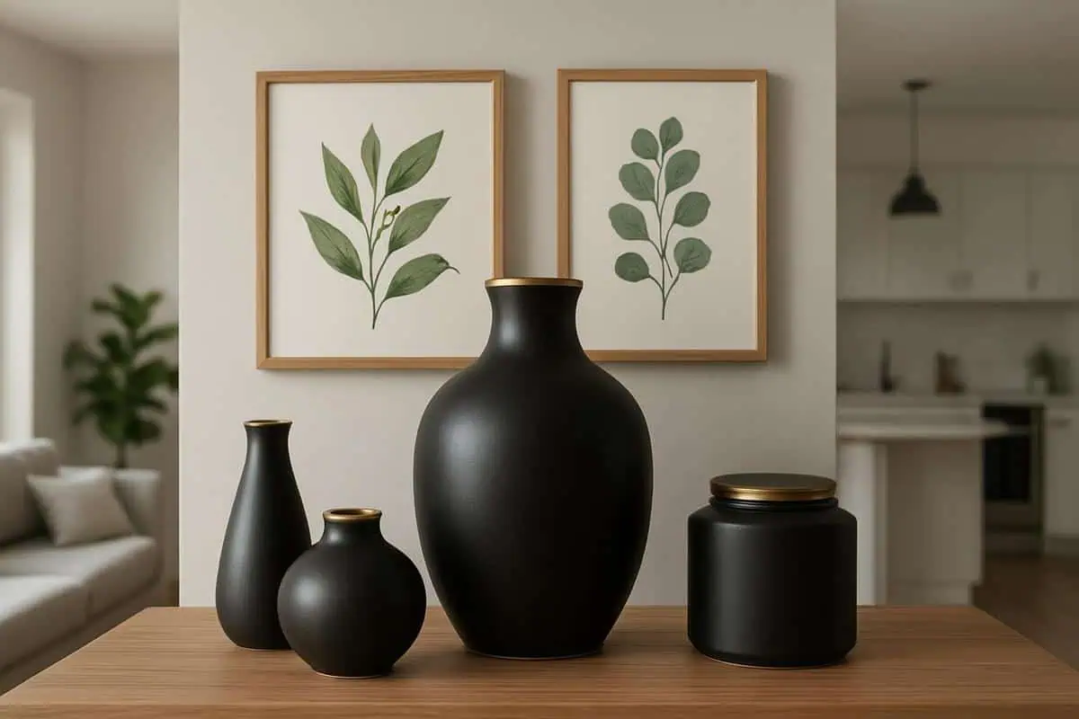 Vases porcelaine noire détails dorés et affiches botaniques pour décoration salon cuisine ouverte objets graphiques